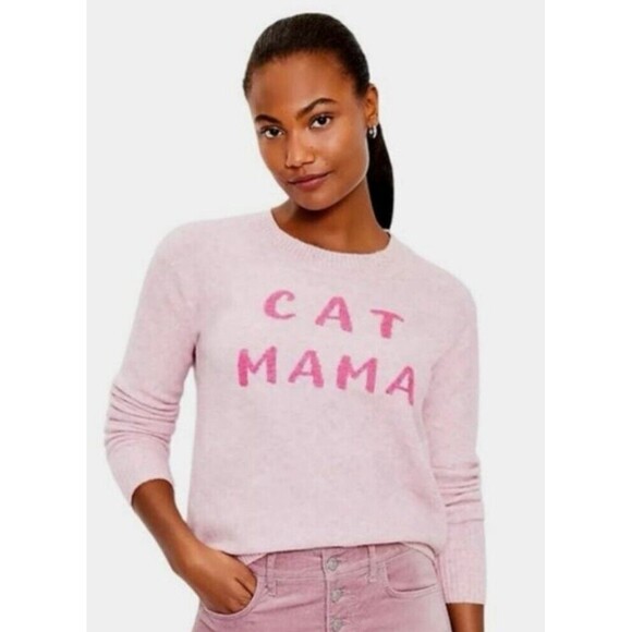 LOFT Cat Mama Sweater Size S Pink Animal Lover Crewneck Pullover - Picture 1 of 7